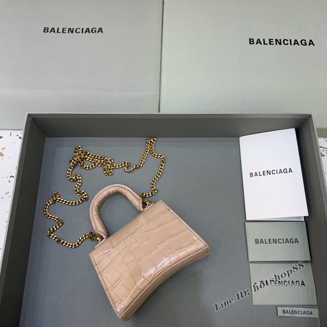 Balenciaga專櫃爆款mini Hourglass沙漏包 巴黎世家鱷魚紋裸粉色超迷你號手提肩背女包 fyj1546